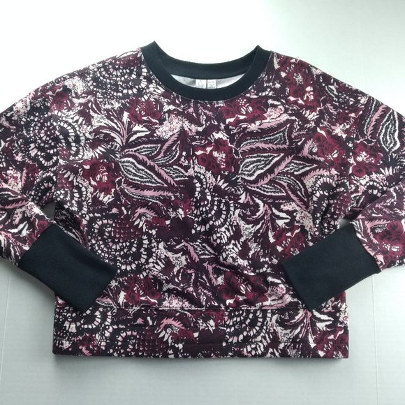 JOIE Womens Cropped Sweatshirt Burgundy Paisley Print Long Sleeves Thumbholes - Picture 1 of 9